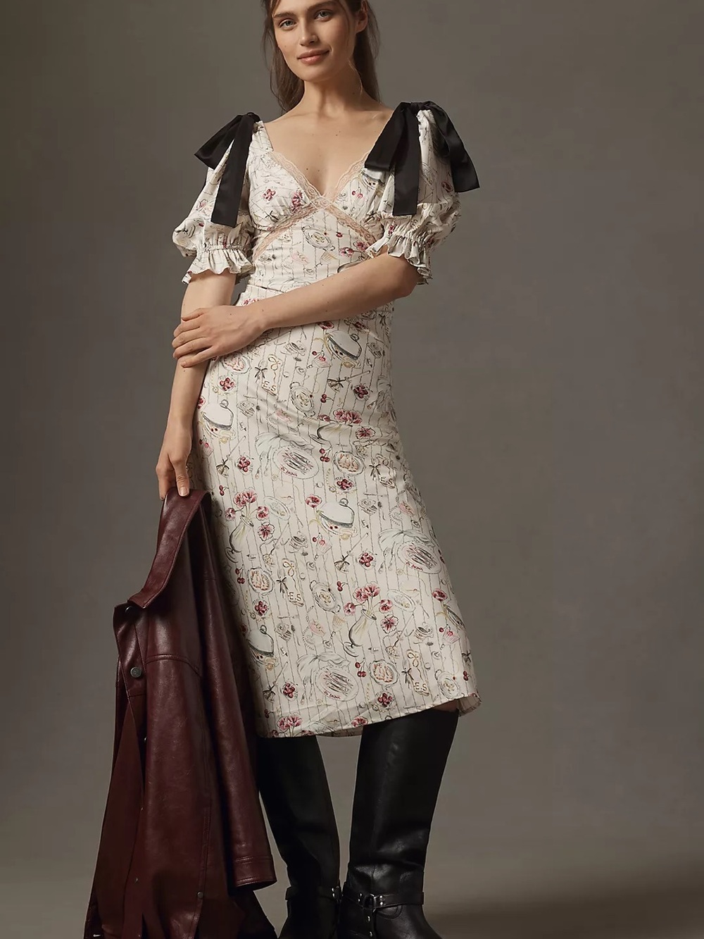 En Saison Cream Floral Maxi Dress with Black Tie Straps in Ivory